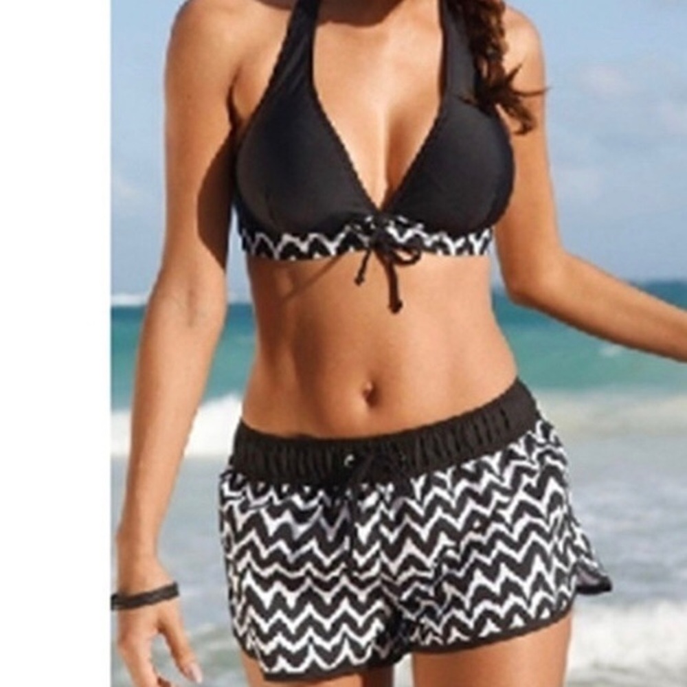 New Black & White Bikini with Halter/Shorts